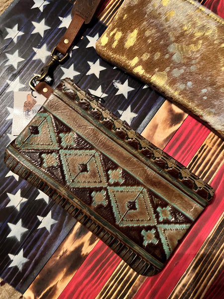 Brown and Teal Aztec Large Wristlet