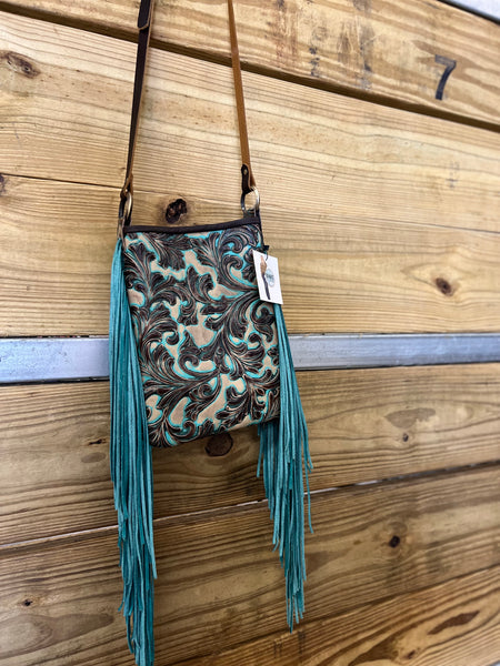 Teal and Cream Tooled Small Tote