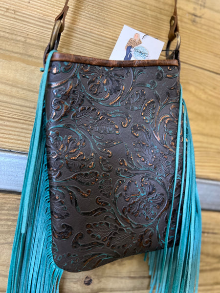 Teal and Chocolate Tooled Small Tote