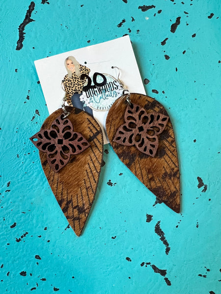 Star Wooden and Brown Leather Earrings