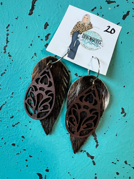 Brown Wooden and Brown Leather Hide Earrings